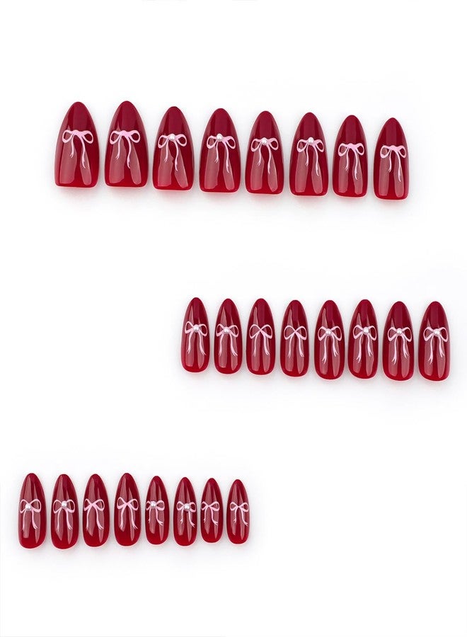 OSTTMA 24Pcs Cute Bow Press on Nails Almond Medium Fake Nails Wine Red Bow Nail Art Designs 3D Pearl Acrylic False Nail Full Cover Shiny Glue on Nails for Women Manicure Accessories - Image 4